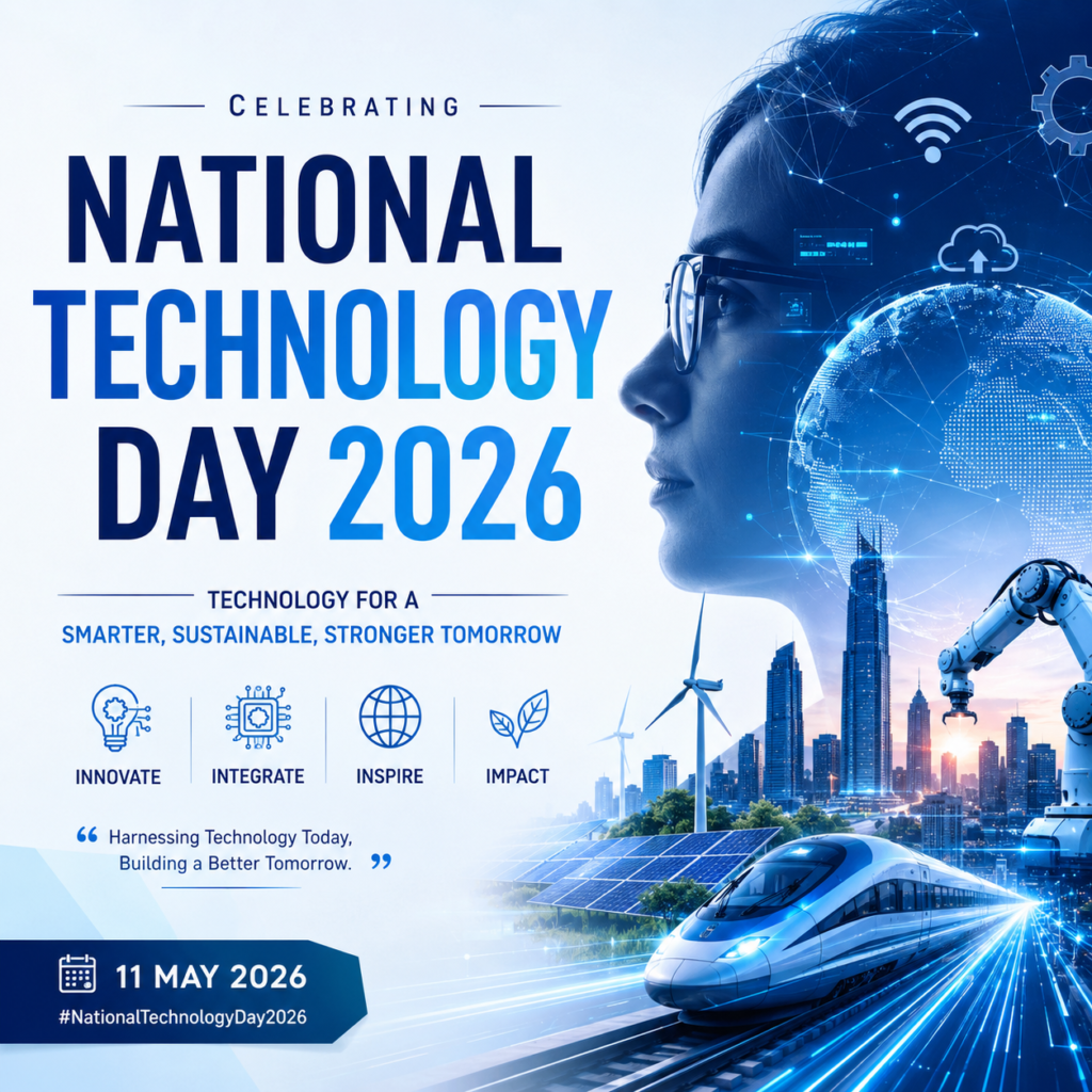 National Technology Day 2026 poster featuring futuristic digital technology elements, AI visuals, smart city skyline, robotics, renewable energy icons, and a blue modern theme highlighting innovation and sustainability.