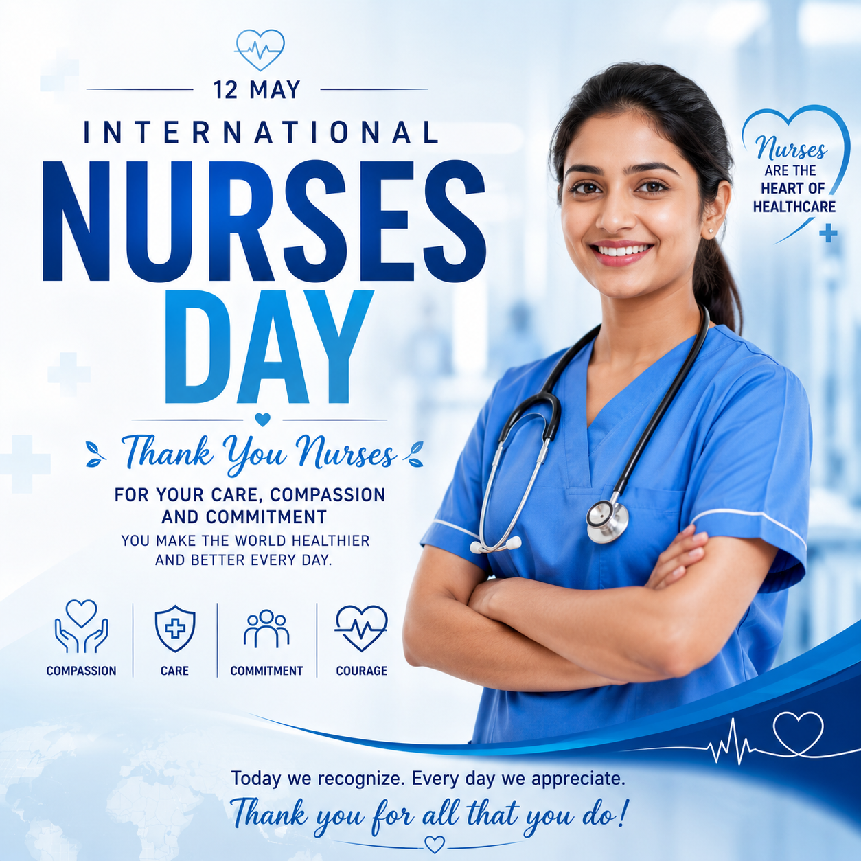 International Nurses Day poster featuring a smiling nurse in blue scrubs with stethoscope, healthcare icons, gratitude message, and blue-white medical themed background.