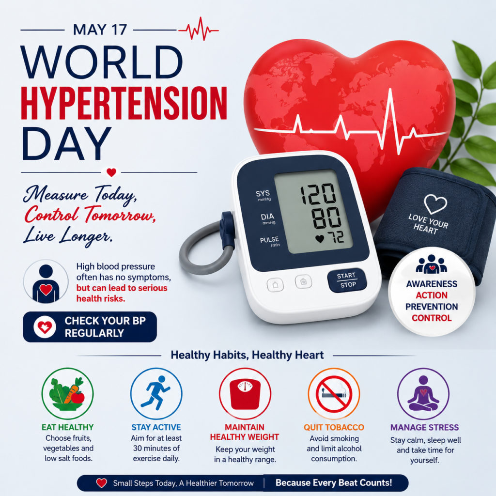 A modern World Hypertension Day poster featuring a digital blood pressure monitor, a red heart with ECG line, and healthy lifestyle icons including nutrition, exercise, weight management, no smoking, and stress control on a clean white background.