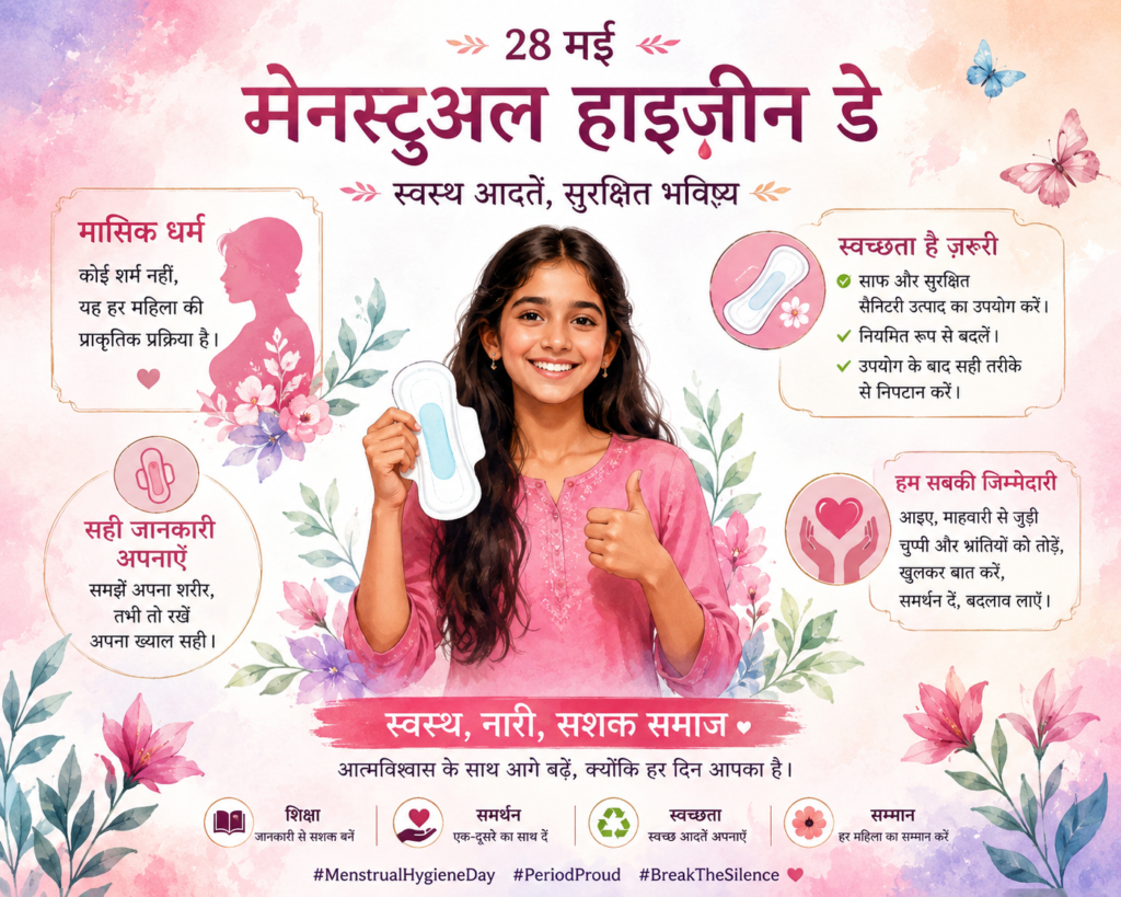 Illustration poster for Menstrual Hygiene Day featuring a smiling girl holding a sanitary pad with awareness messages about menstrual health, hygiene, and women empowermen