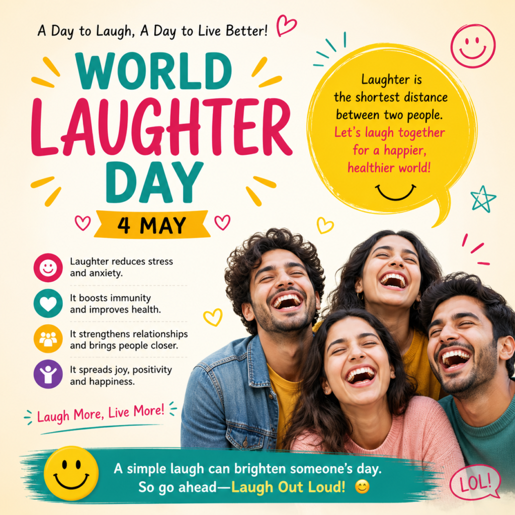 World Laughter Day celebration banner promoting happiness, laughter, and mental wellness