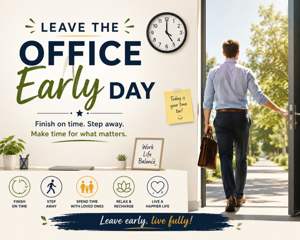 Leave The Office Early Day poster with employee leaving office for better work-life balance