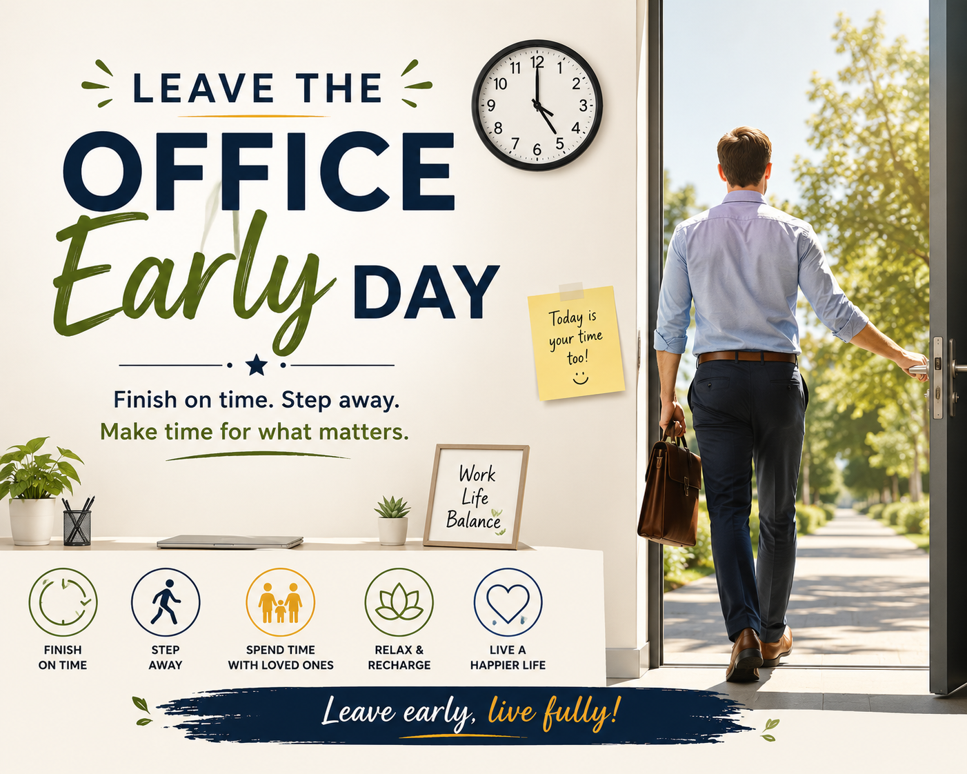 Leave The Office Early Day poster with employee leaving office for better work-life balance