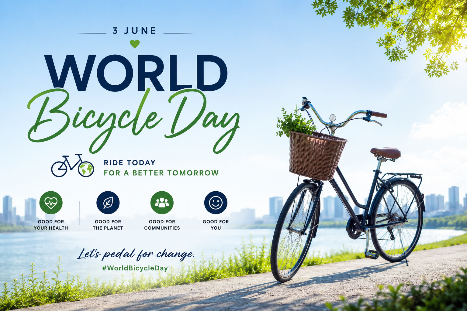 World Bicycle Day poster featuring a bicycle near a lakeside pathway with eco-friendly and healthy lifestyle message.