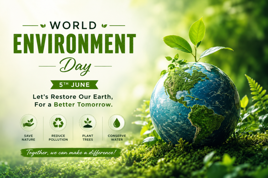 World Environment Day poster featuring a green Earth globe with growing plants and environmental protection message.