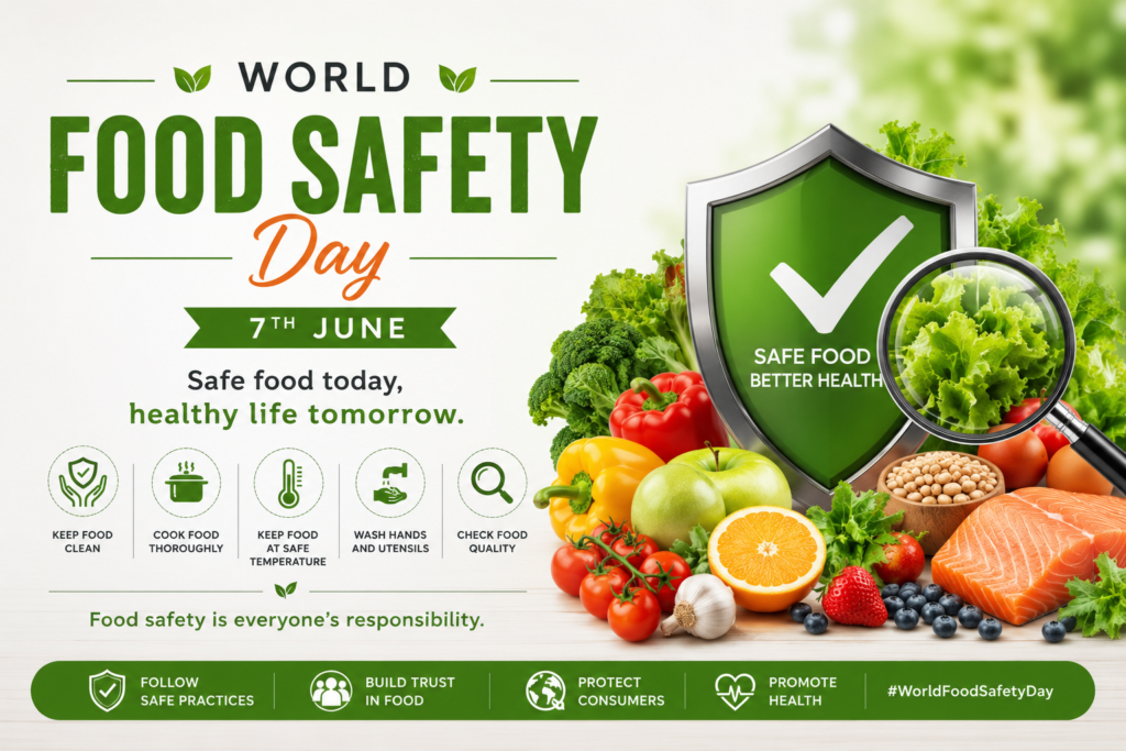World Food Safety Day poster featuring healthy fresh foods, safety shield icon, and food hygiene awareness message.