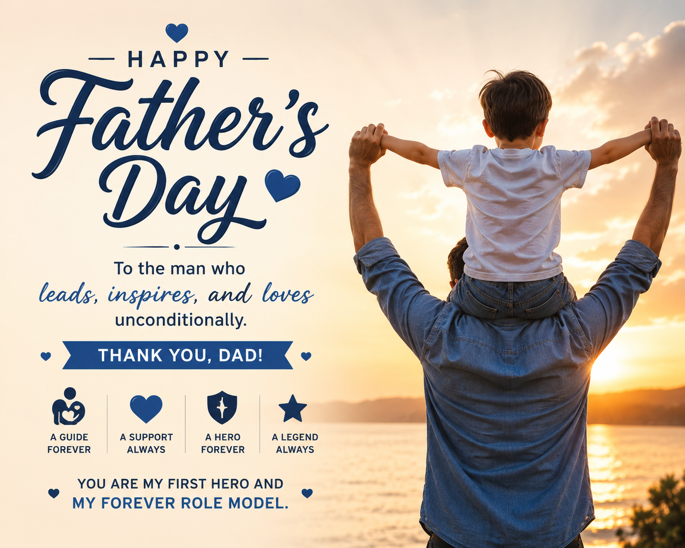 Father’s Day greeting poster showing a father carrying his child on his shoulders during sunset with heartfelt appreciation and family love message.