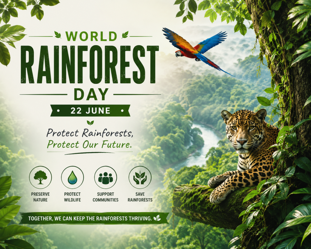 World Rainforest Day awareness poster featuring lush rainforest scenery, a jaguar, colorful macaw bird, and environmental conservation message.