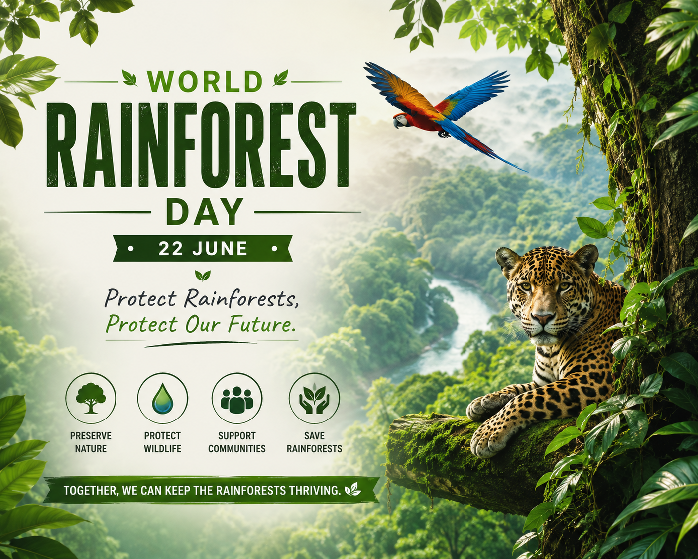 World Rainforest Day awareness poster featuring lush rainforest scenery, a jaguar, colorful macaw bird, and environmental conservation message.