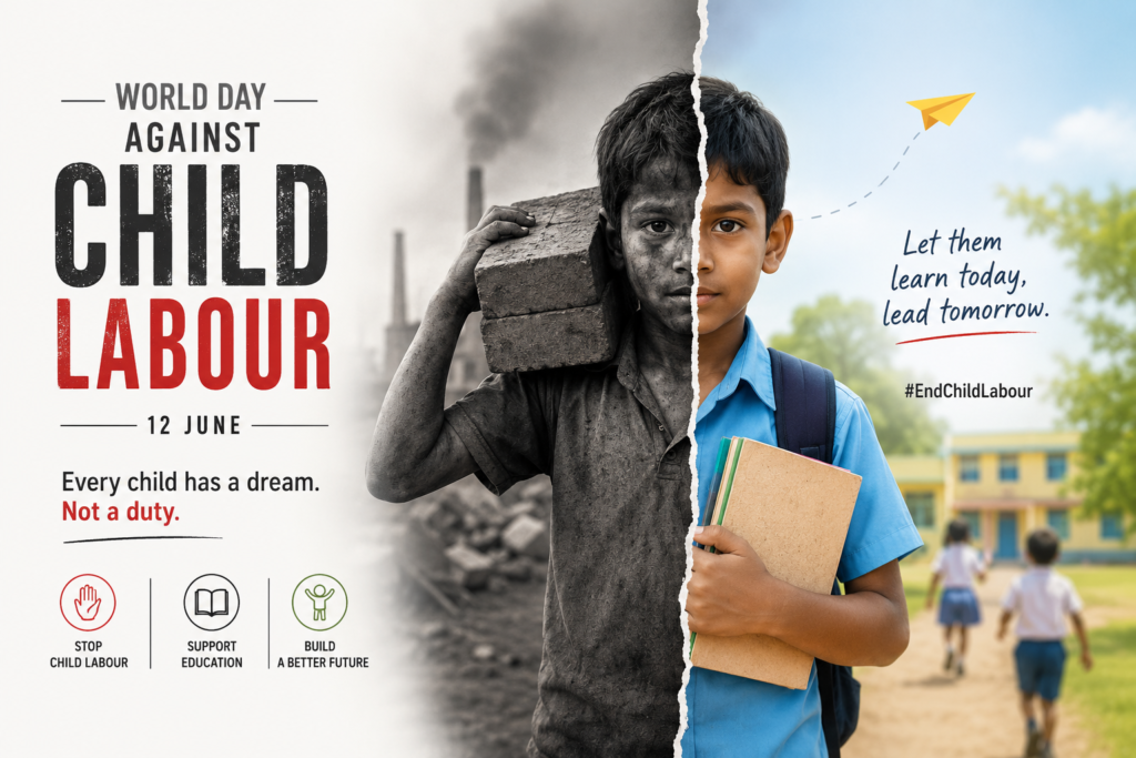 World Day Against Child Labour awareness poster showing a child labourer transforming into a school student holding books and promoting education for children.