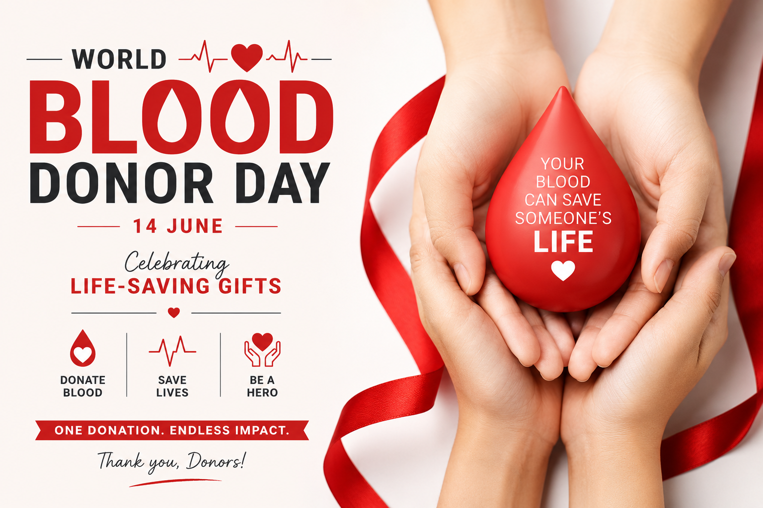 World Blood Donor Day awareness poster showing hands holding a red blood drop symbol with a message promoting blood donation and saving lives.