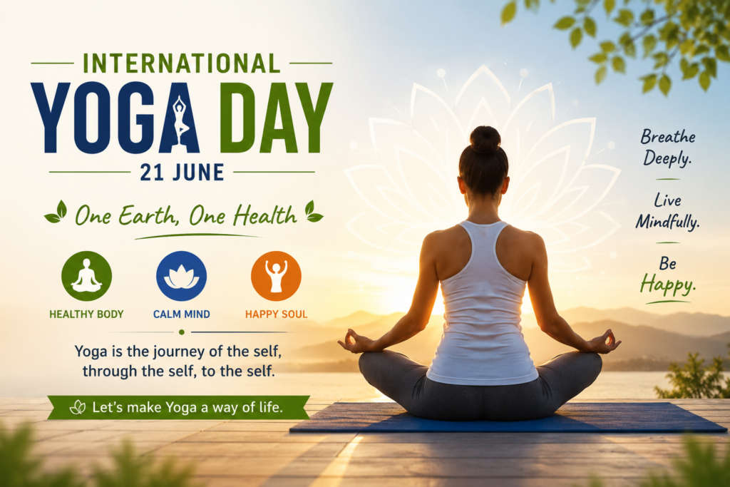 International Yoga Day awareness poster showing a woman meditating outdoors during sunrise with wellness messages promoting healthy living and mindfulness.