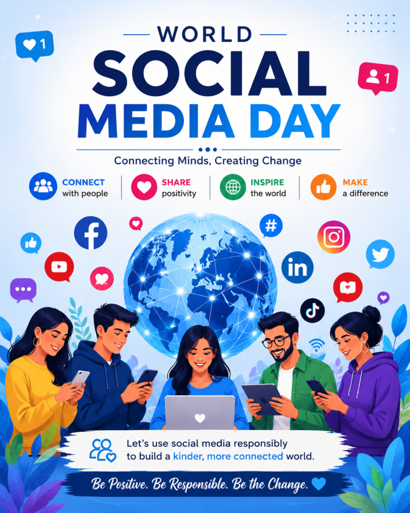 World Social Media Day illustration showing diverse people using smartphones, tablets, and laptops connected through social media platforms around a digital globe, symbolizing global communication and online connectivity.
