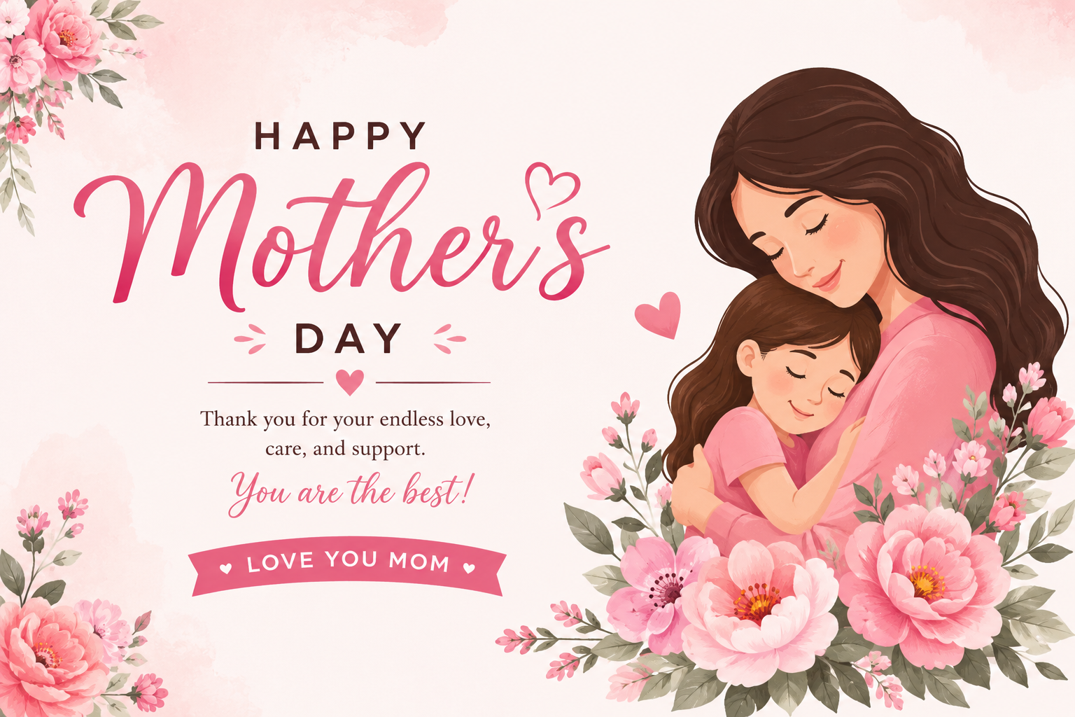 Happy Mother’s Day illustration showing a loving mother hugging her child with pink flowers and soft pastel background