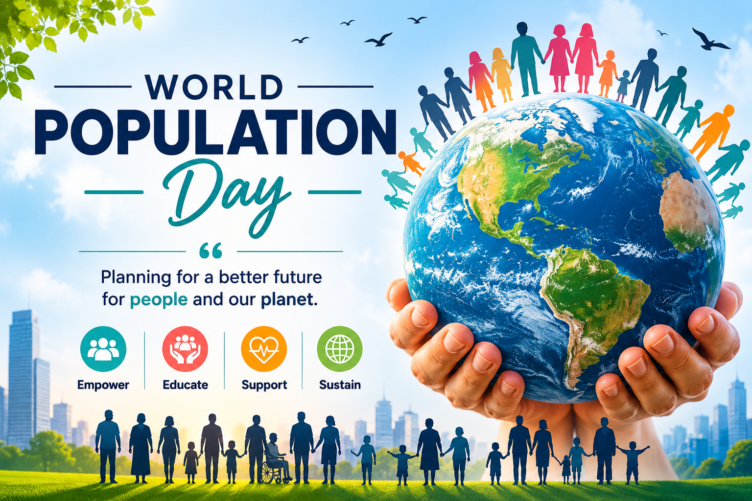 World Population Day illustration featuring a diverse group of people from different cultures and age groups standing in front of a globe, symbolizing global unity, population awareness, and sustainable development.