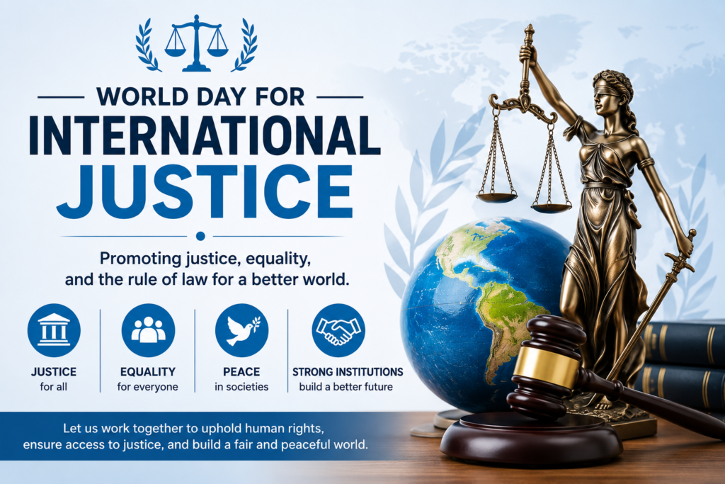World Day for International Justice poster featuring the scales of justice, a globe, and symbols of human rights, equality, peace, and the rule of law, representing global efforts toward fairness and accountability.