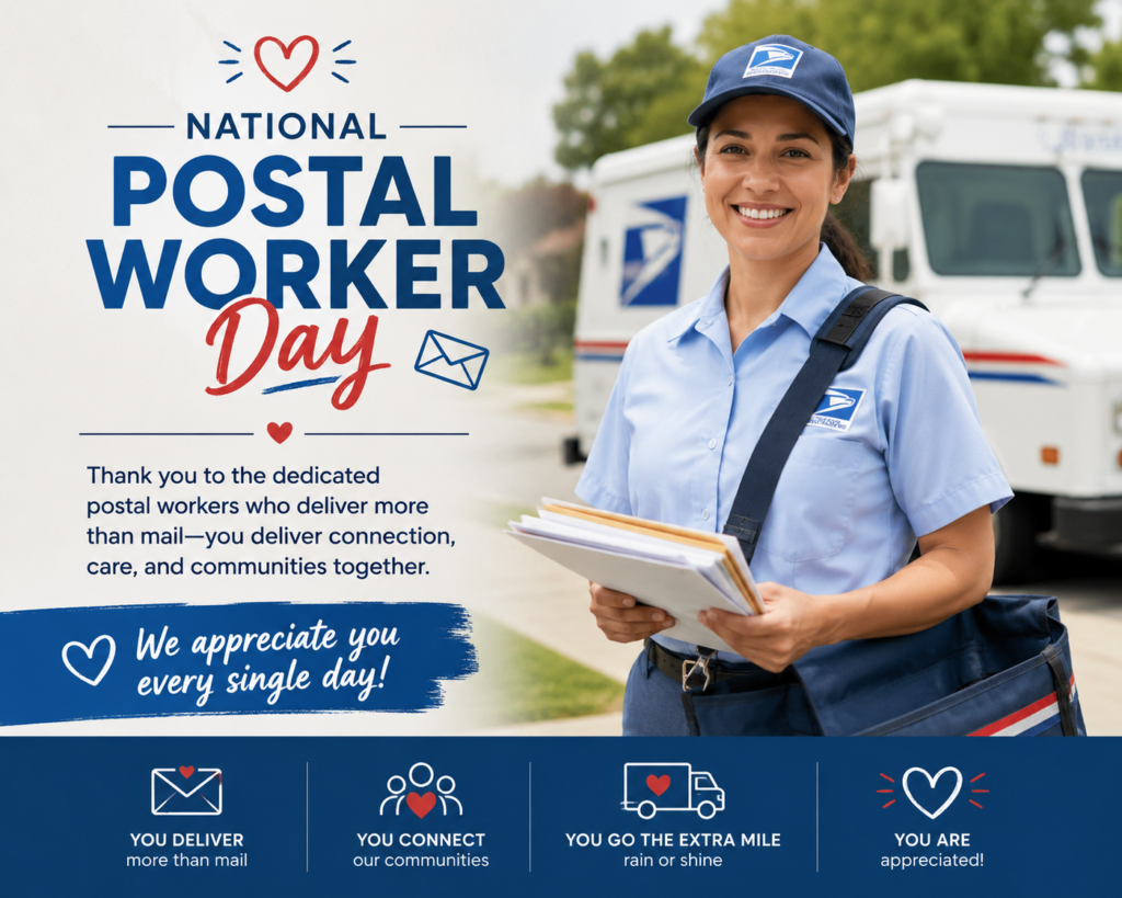 National Postal Worker Day banner featuring a smiling postal worker holding letters and parcels, celebrating the dedication and service of postal employees who connect communities through mail delivery.