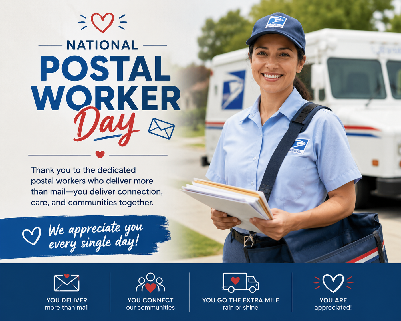 National Postal Worker Day banner featuring a smiling postal worker holding letters and parcels, celebrating the dedication and service of postal employees who connect communities through mail delivery.