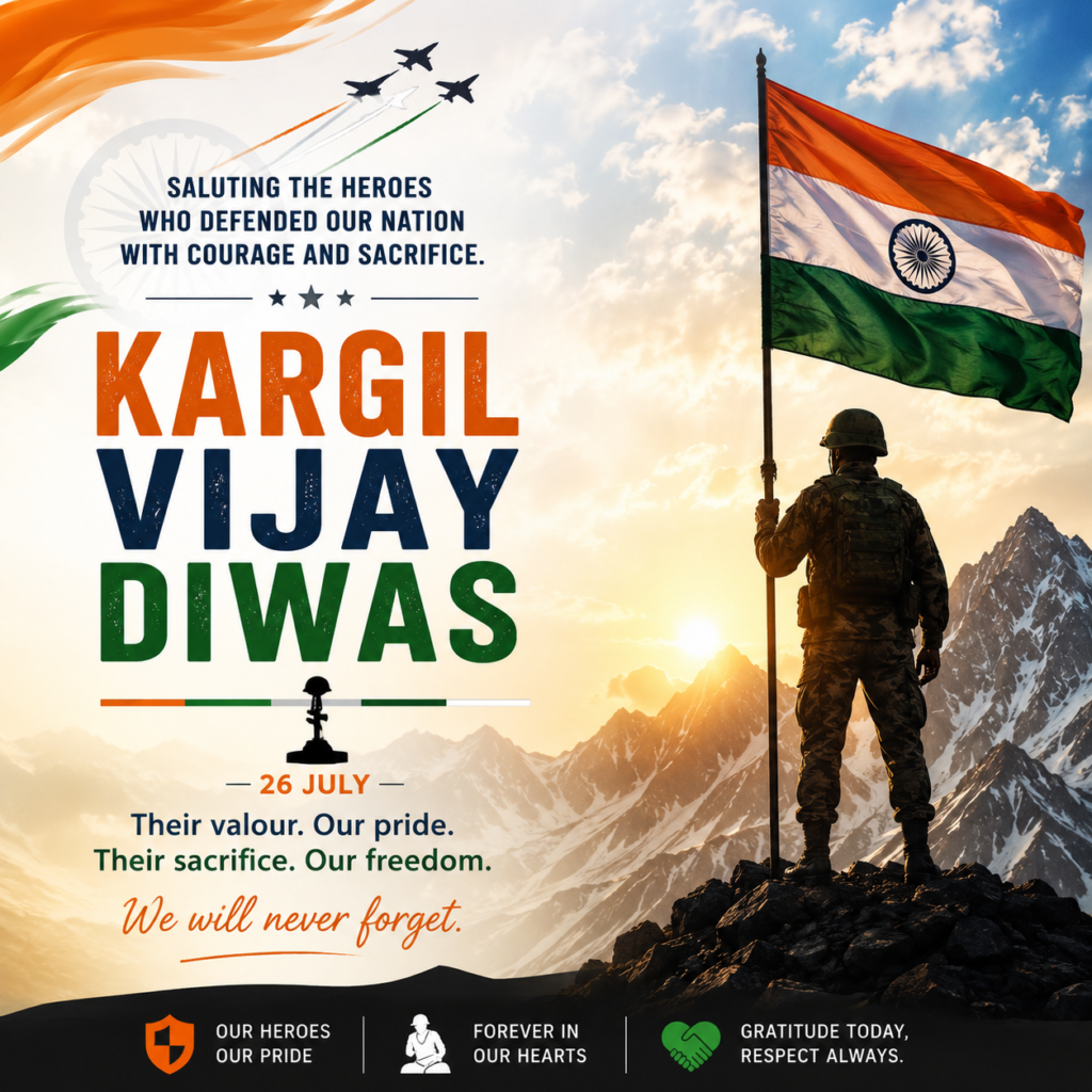 Indian soldier holding the National Flag on a mountain peak during sunrise, commemorating Kargil Vijay Diwas and honoring the bravery of Kargil War heroes.