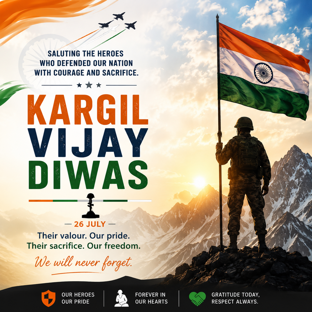 Indian soldier holding the National Flag on a mountain peak during sunrise, commemorating Kargil Vijay Diwas and honoring the bravery of Kargil War heroes.