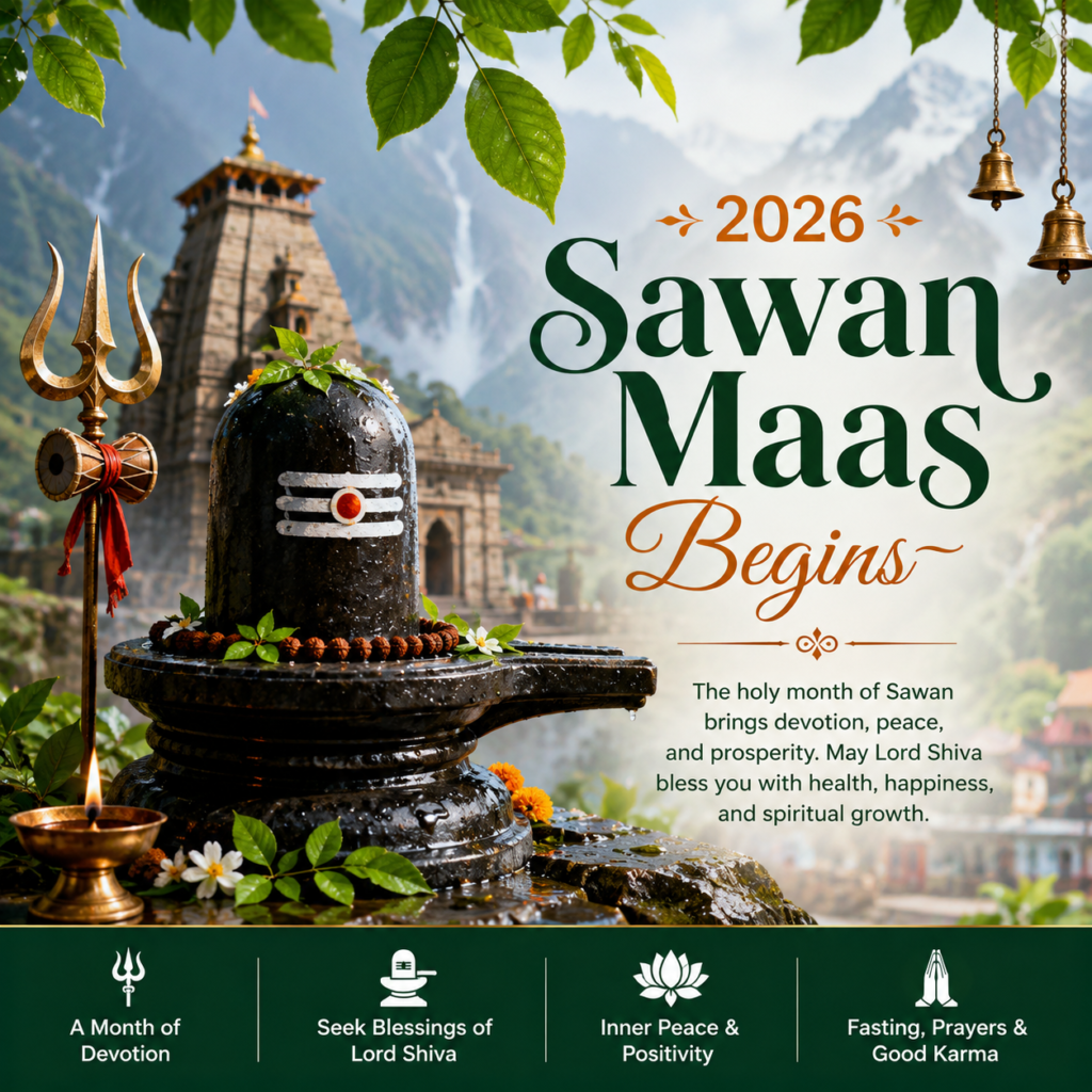 Sawan Maas 2026 Begins with Lord Shiva Shivling, Trishul, temple, and sacred devotional elements representing the holy month of Shravan.
