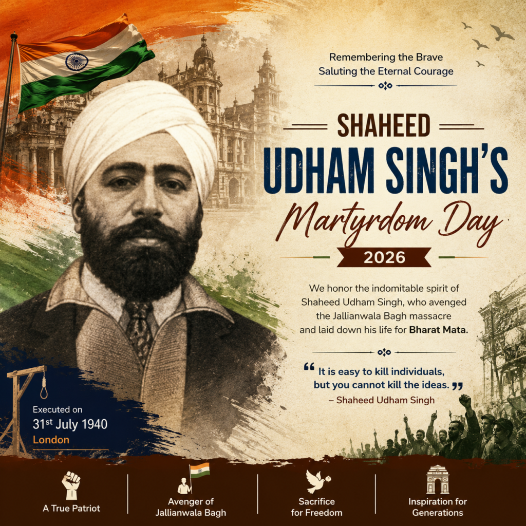 Commemorative illustration of Shaheed Udham Singh on Martyrdom Day 2026 with the Indian tricolor, patriotic background, and tribute to the freedom fighter who avenged the Jallianwala Bagh massacre