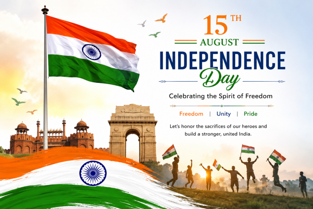 15 August Independence Day celebration with Indian national flag, Red Fort, India Gate and patriotic silhouettes