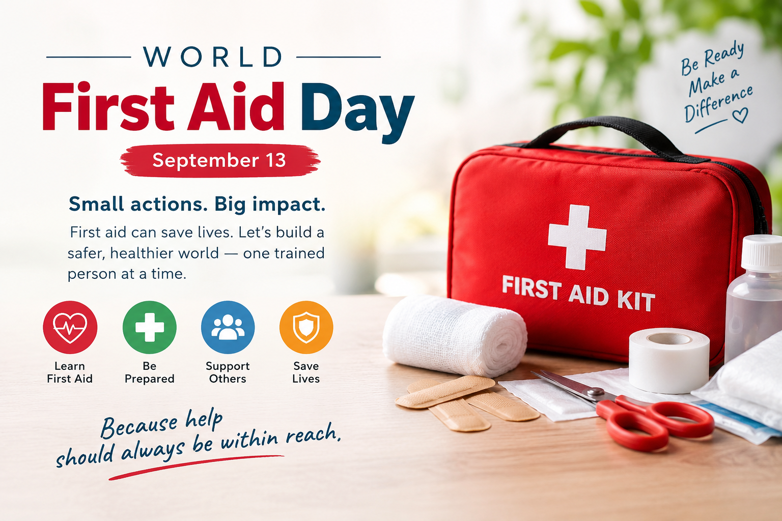 World First Aid Day awareness poster featuring a red first aid kit, medical supplies, and a message about learning first aid and saving lives.