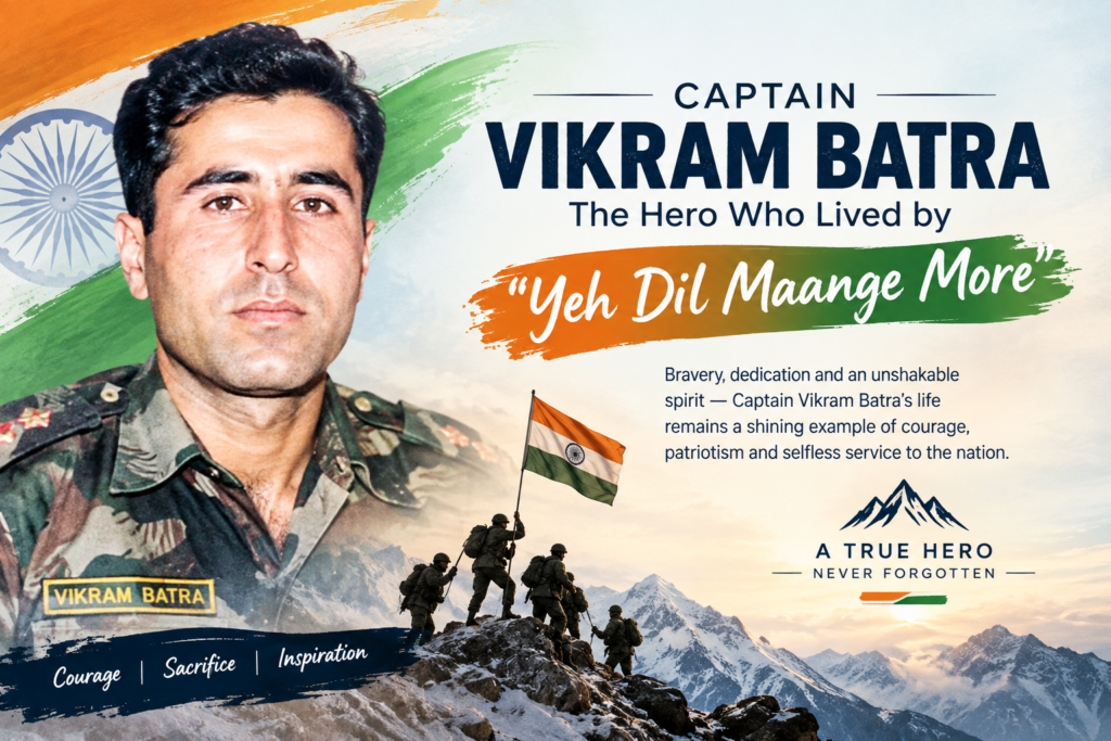 Captain Vikram Batra commemorative poster honoring his courage, sacrifice, and service during the Kargil War