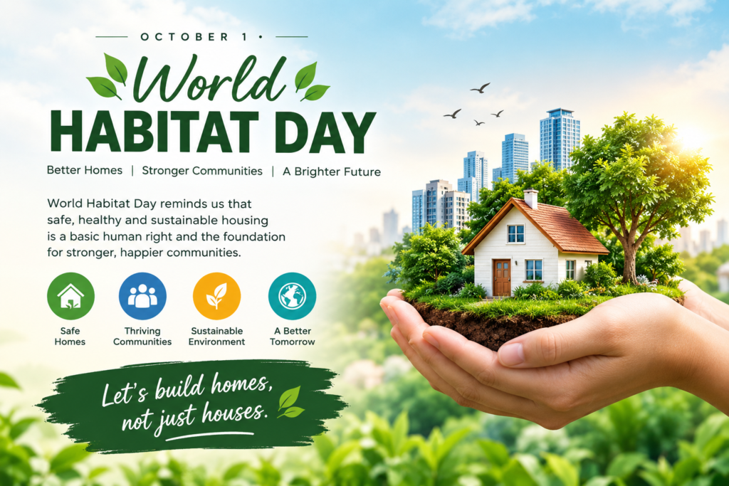 World Habitat Day illustration showing a sustainable home, trees, city skyline, and hands protecting the environment