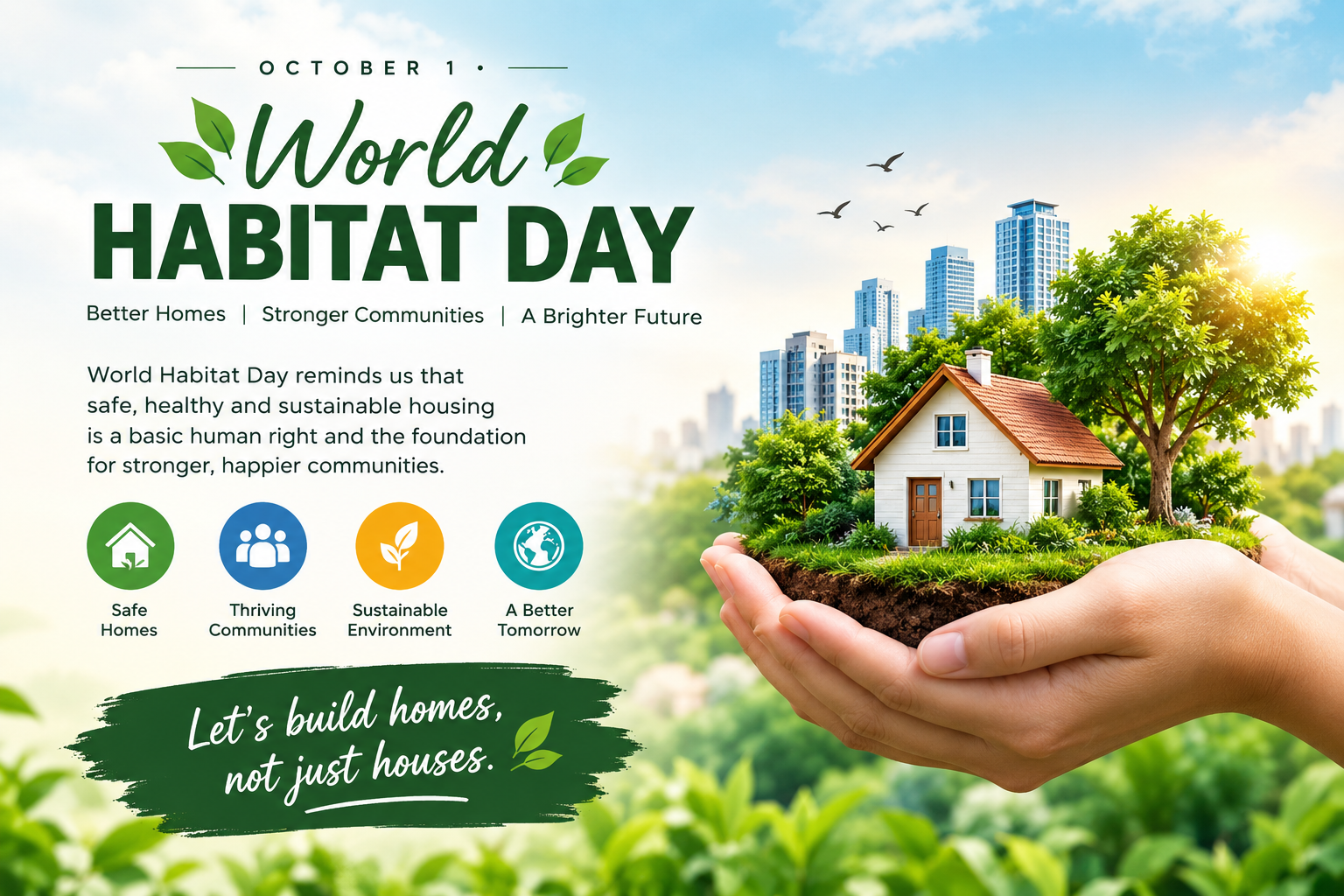 World Habitat Day illustration showing a sustainable home, trees, city skyline, and hands protecting the environment